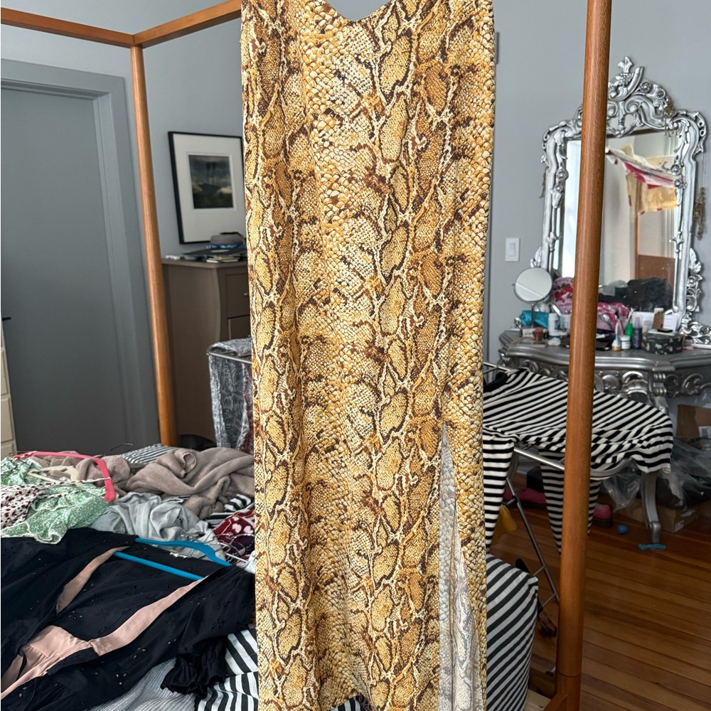 Reformation Gold Brown Asymmetrical Maxi Slip Skirt